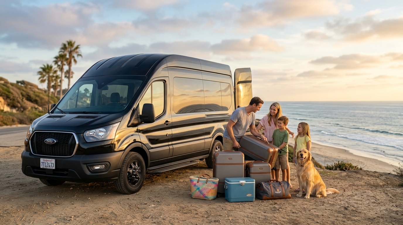 Ford Transit passenger van at a California beach with a family loading luggage